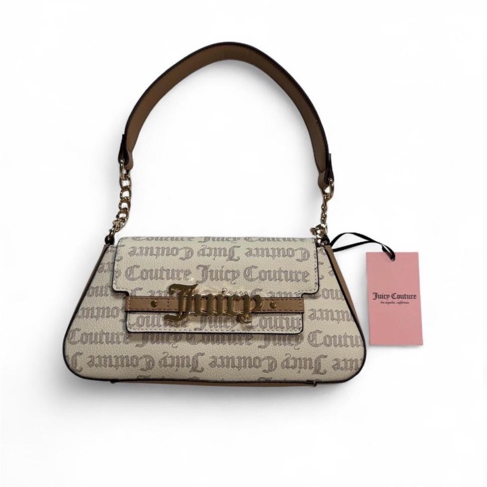Juicy Couture Beige Monogram Logo Shoulder Bag with Gold Hardware